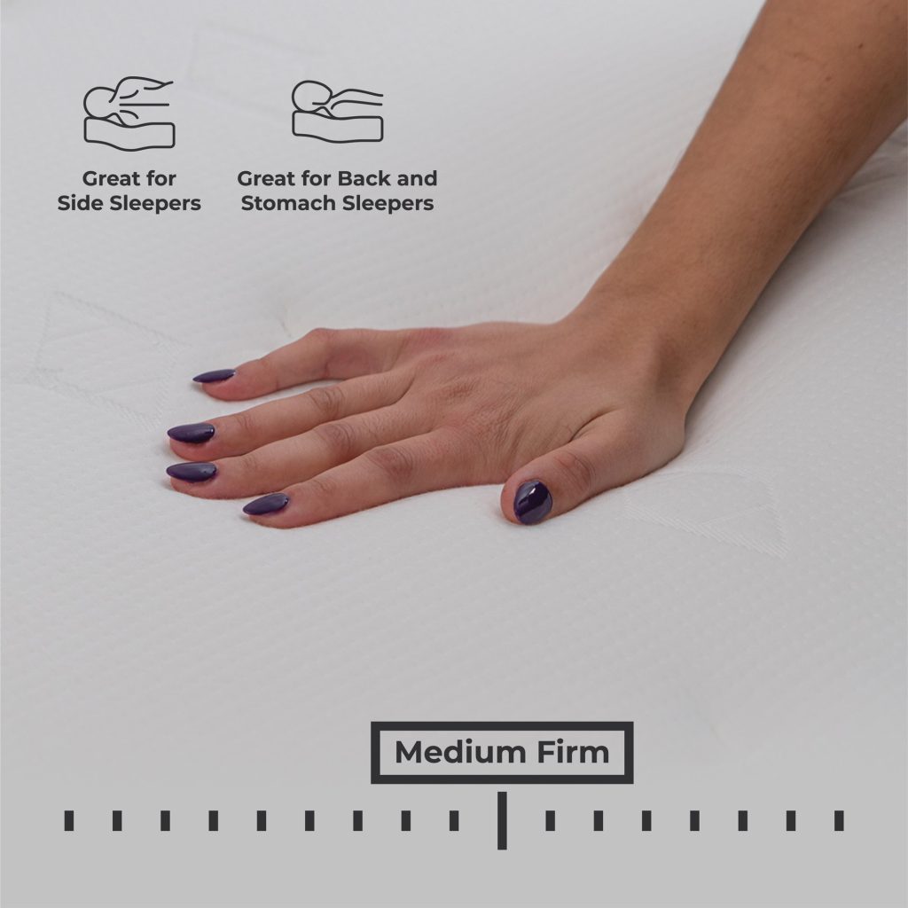 Hand pressing into the quilted top of the Allswell Luxe hybrid mattress