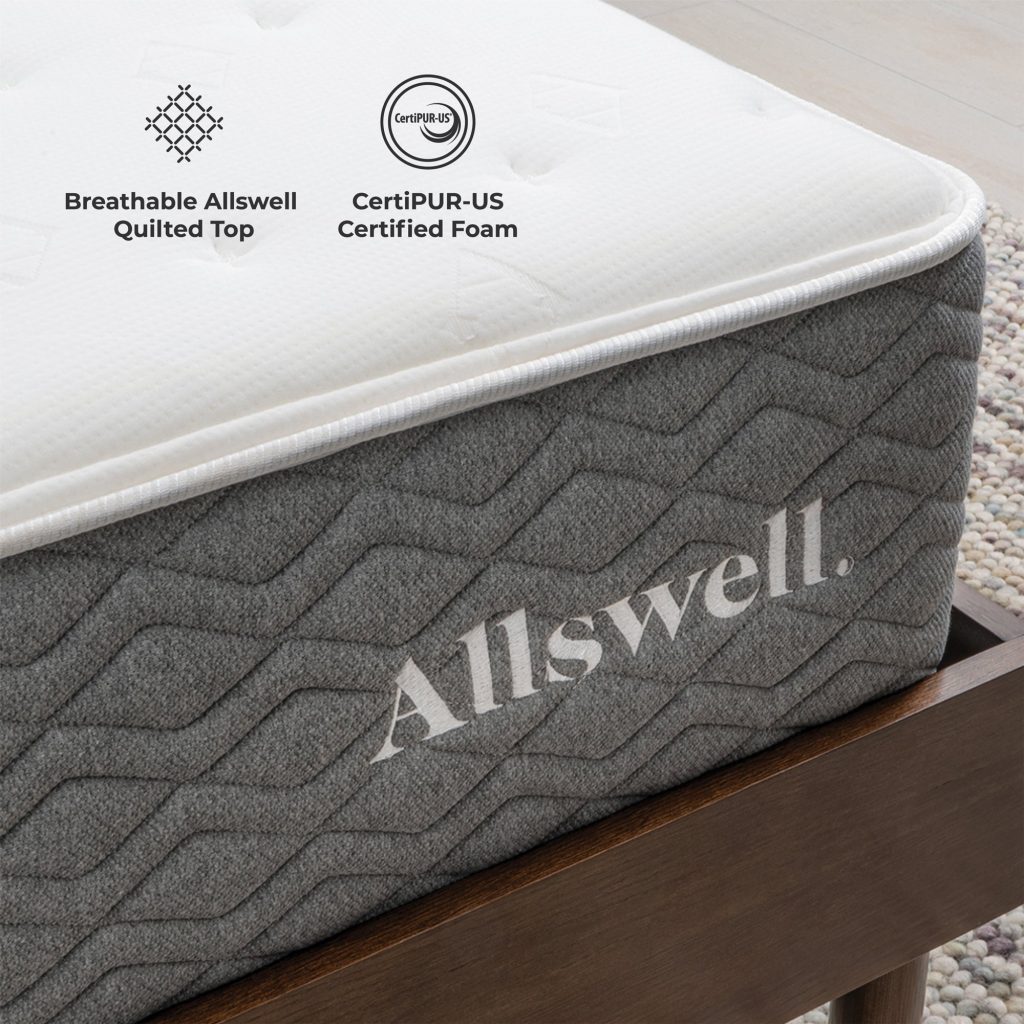 Corner of the Allswell Luxe mattress showing the quilted top and gray side panel