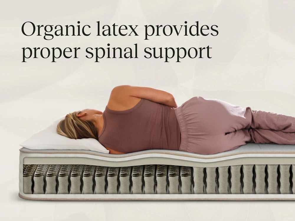 Side sleeper on the Awara Classic Hybrid, cutaway of latex and coils