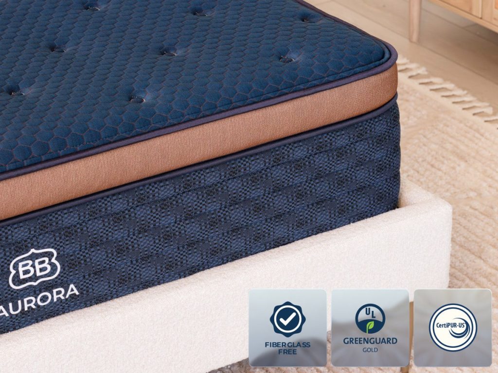 Corner of the Aurora Luxe showing the copper band and quilted border