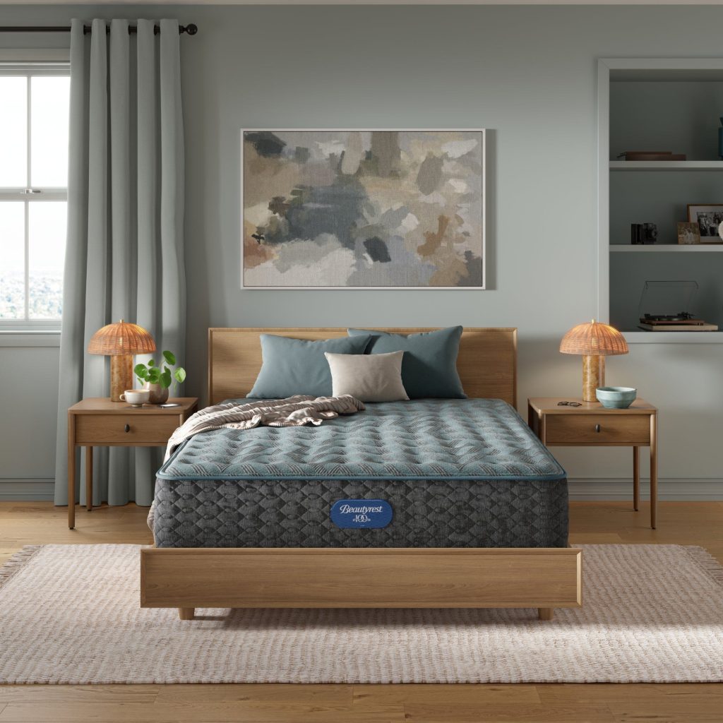 Beautyrest Level One in a bedroom with lamps and pillows