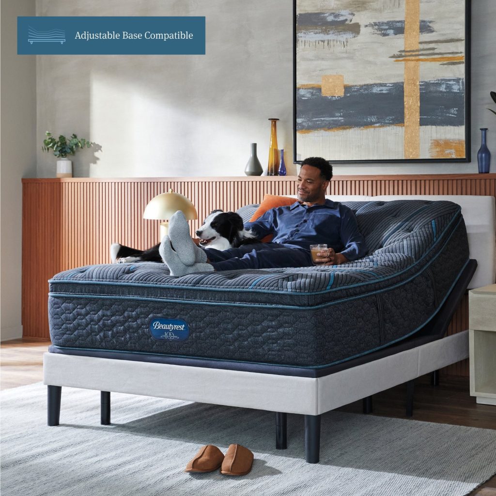 Man and dog on a Beautyrest Level Two on an adjustable base