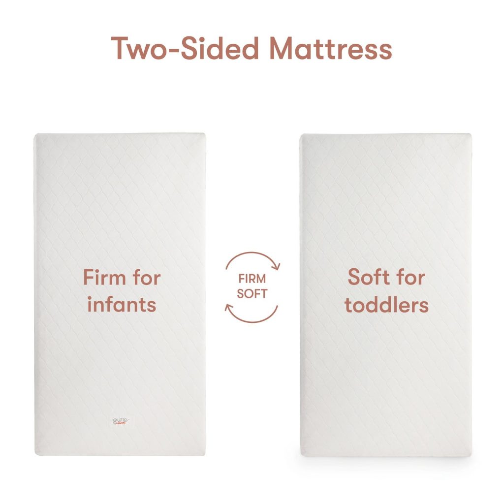 Two sides of the Babyletto Pure Core mattress, firm for infants and soft for toddlers