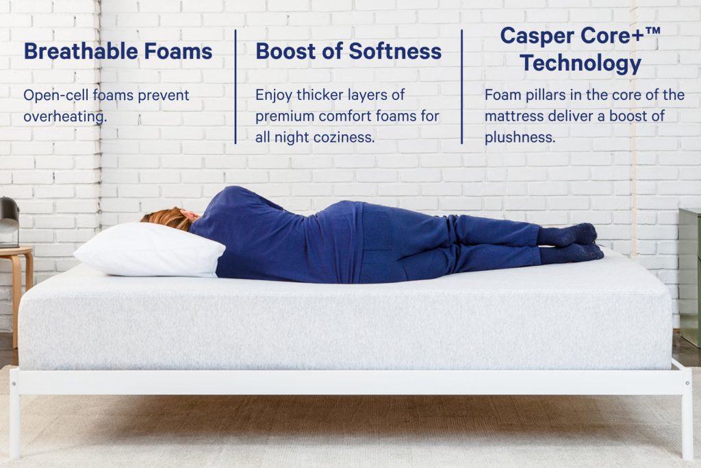 Person sleeping on the Casper Cloud One with captions about its breathable foams
