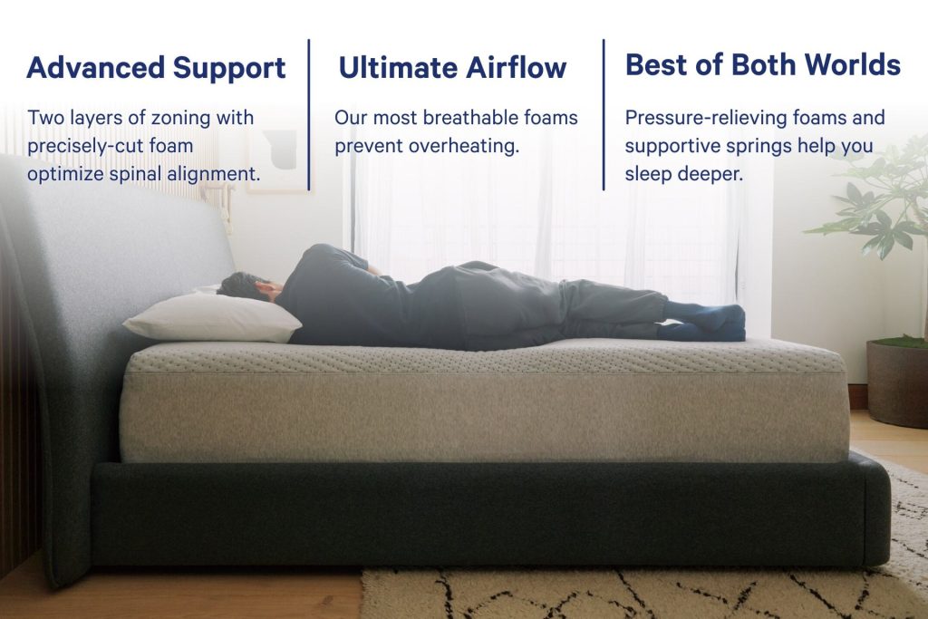 Person sleeping on the Casper Dream Max with captions about its support and airflow