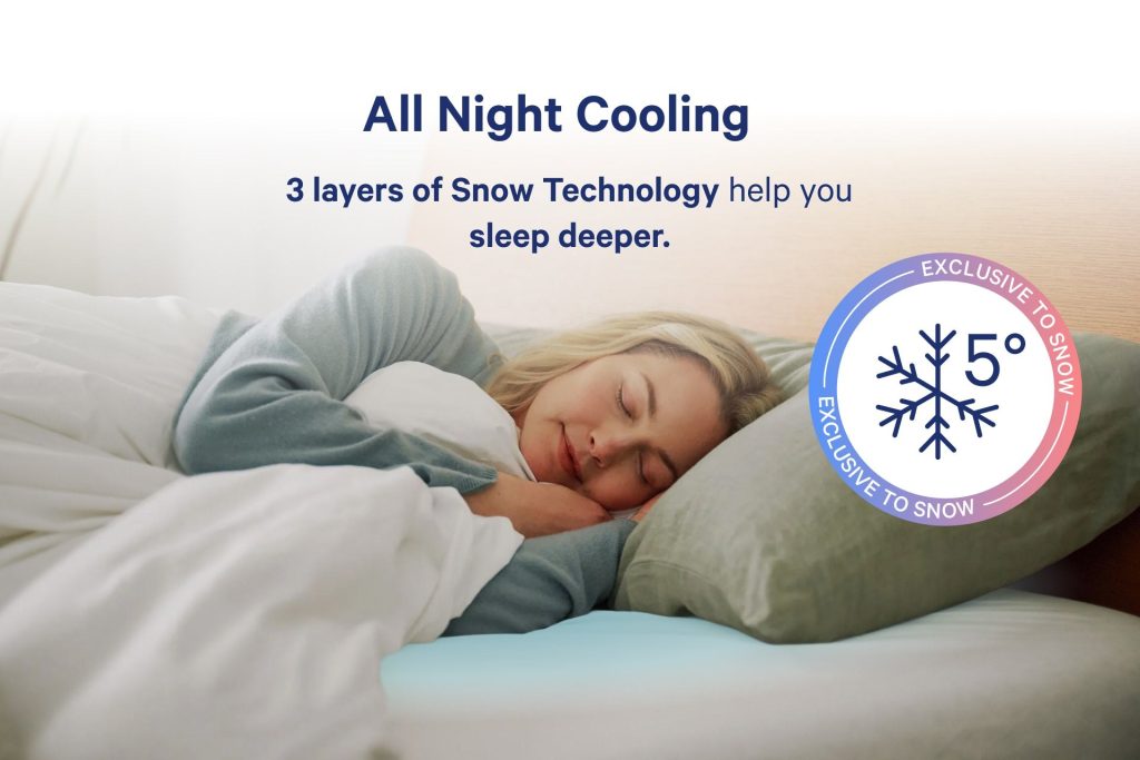 Woman sleeping under a duvet with captions about the Casper Snow all night cooling