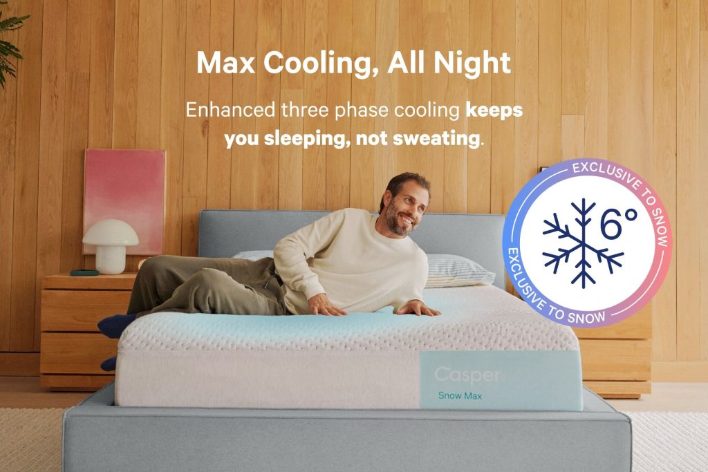 Man lying on the Casper Snow Max with captions about max cooling all night