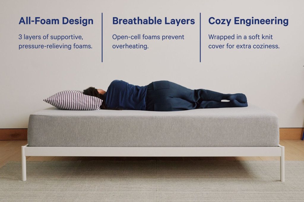 Person sleeping on Casper The One with captions about its all-foam design