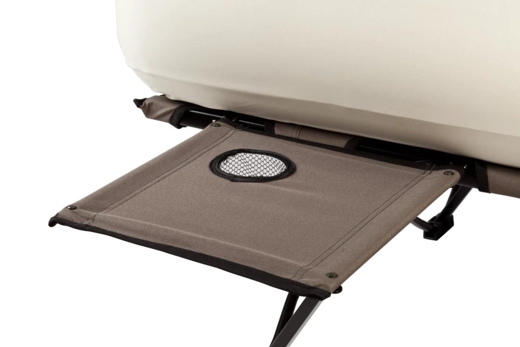 Pull-out side table with cup holder on the Coleman Airbed Cot