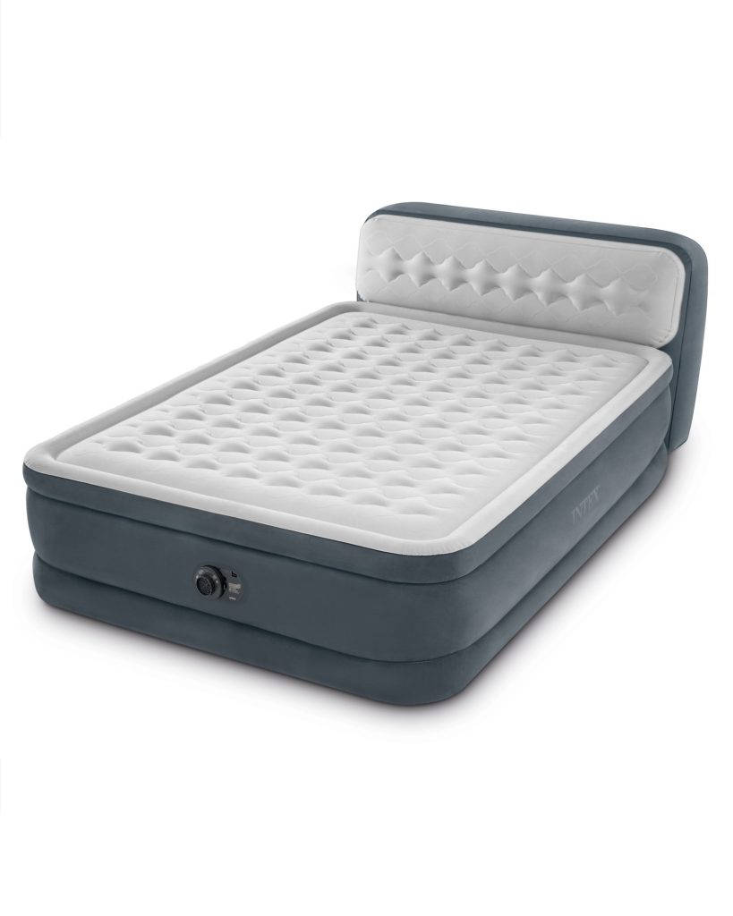 Intex Dura-Beam Deluxe Ultra Plush air mattress with built-in headboard, angled view