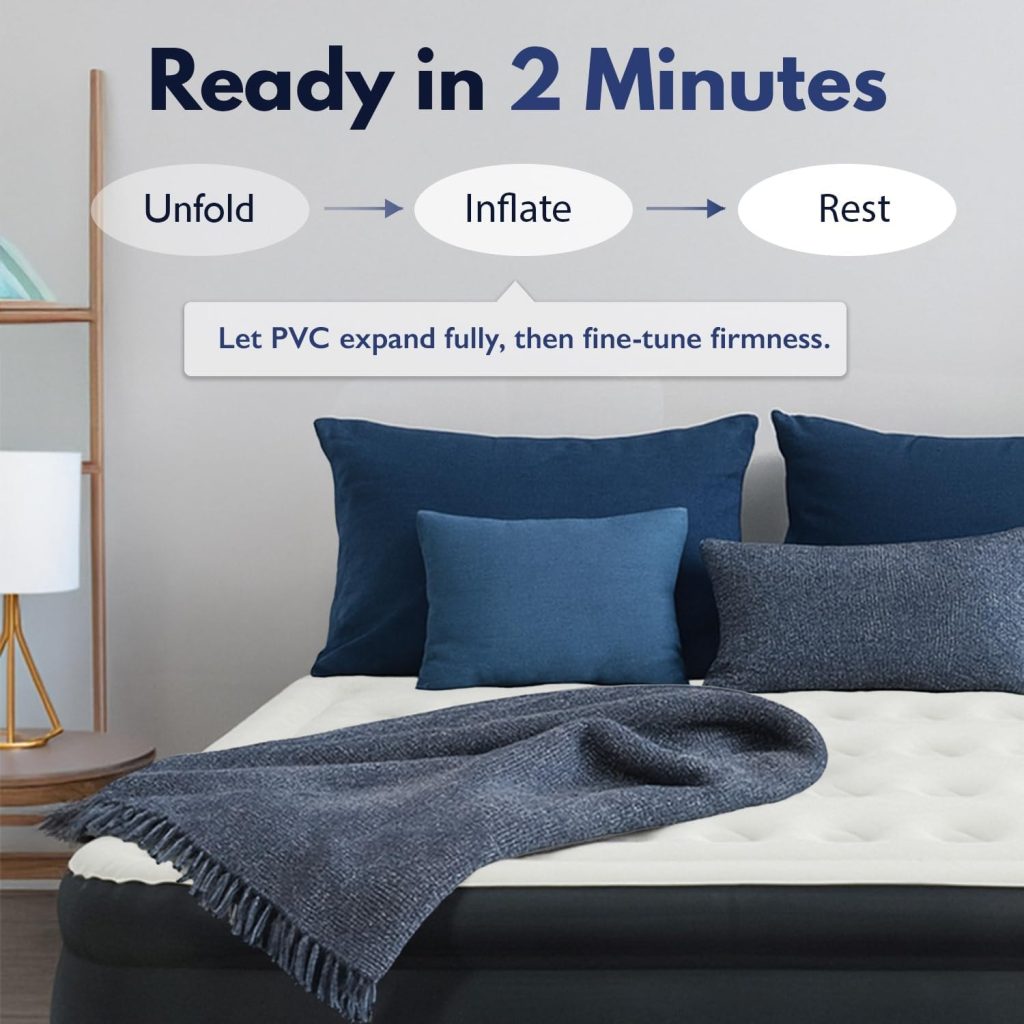 King Koil Luxury Air Mattress made up with blue pillows and a throw