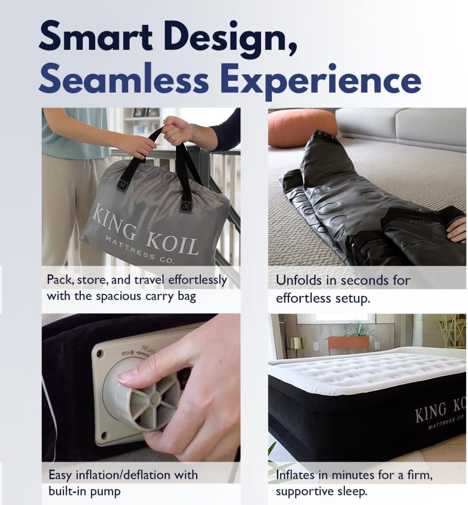 Carry bag, unfolding and built-in pump of the King Koil Luxury Air Mattress