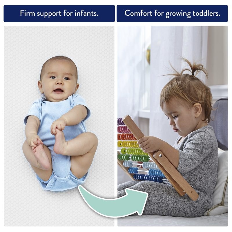 Baby and toddler on the Kolcraft Pediatric 800 crib mattress