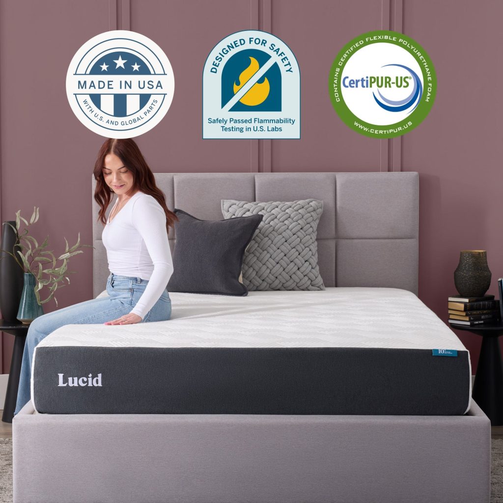 Woman sitting on the Lucid Original mattress, with Made in USA and CertiPUR-US badges