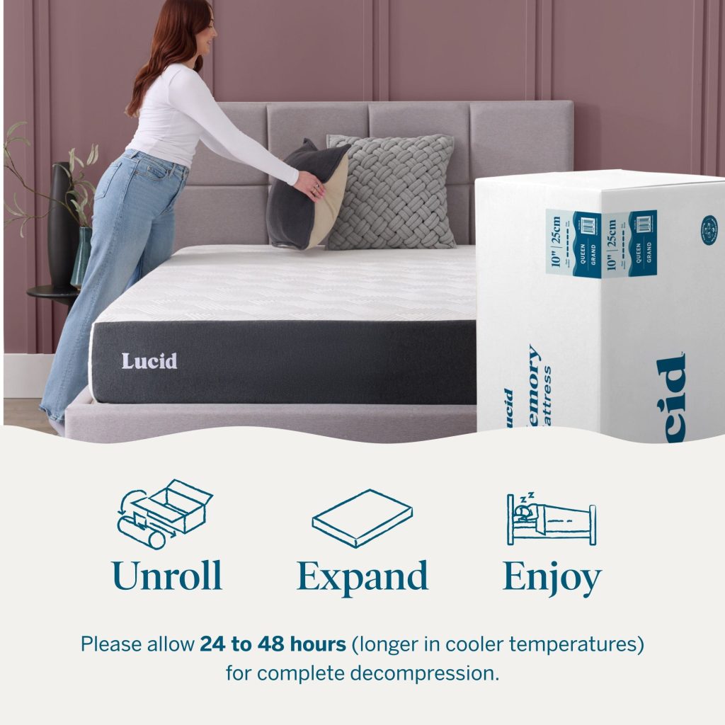 Woman setting up the Lucid Original mattress next to its shipping box