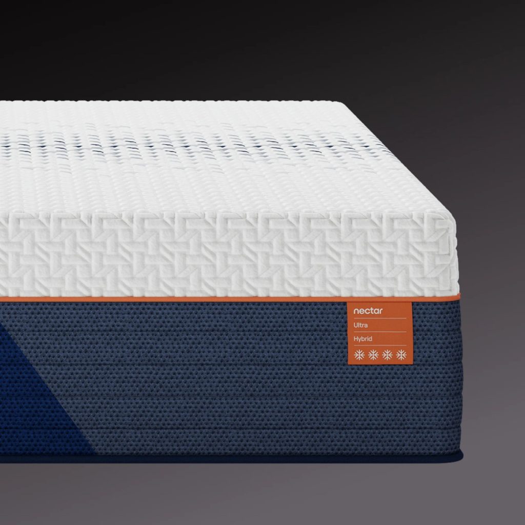 Corner of the Nectar Ultra Hybrid mattress with its quilted cover and label