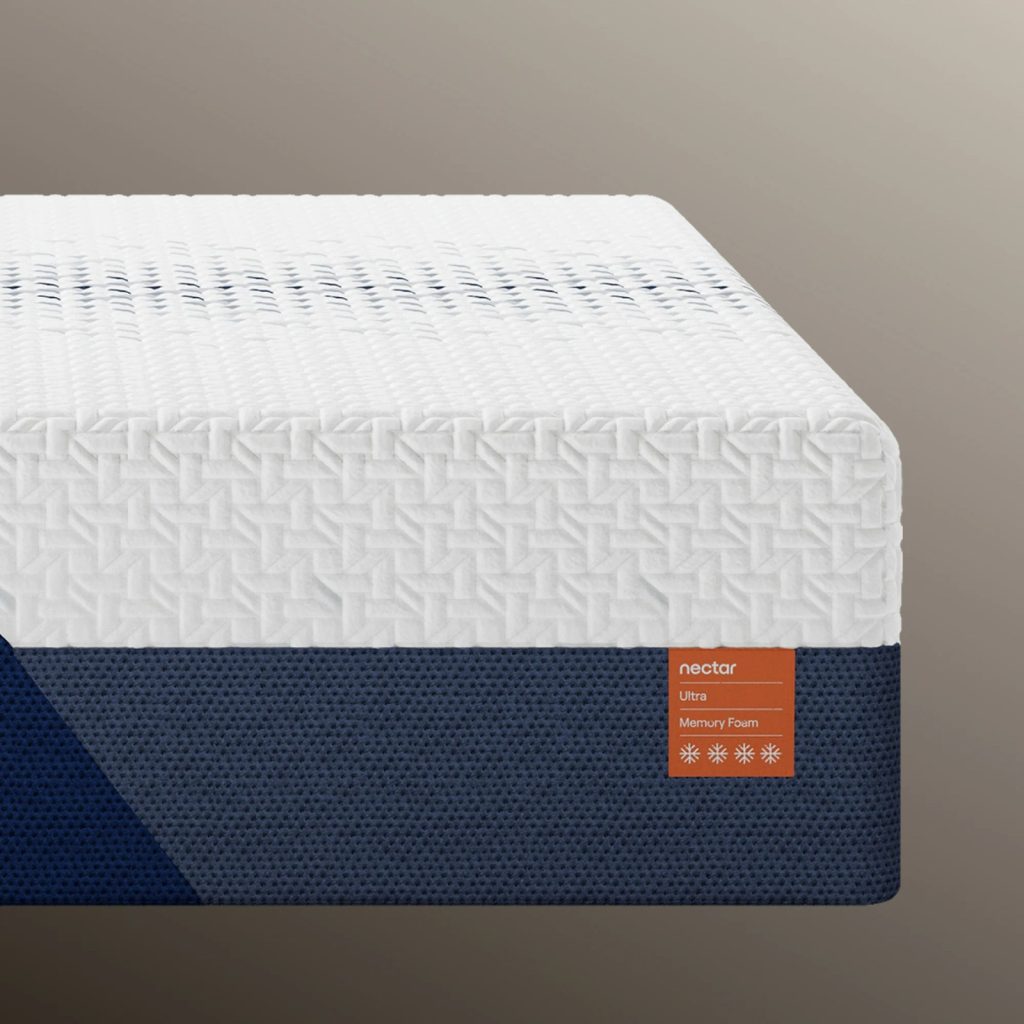 Corner of the Nectar Ultra Memory Foam mattress with its quilted cover and label