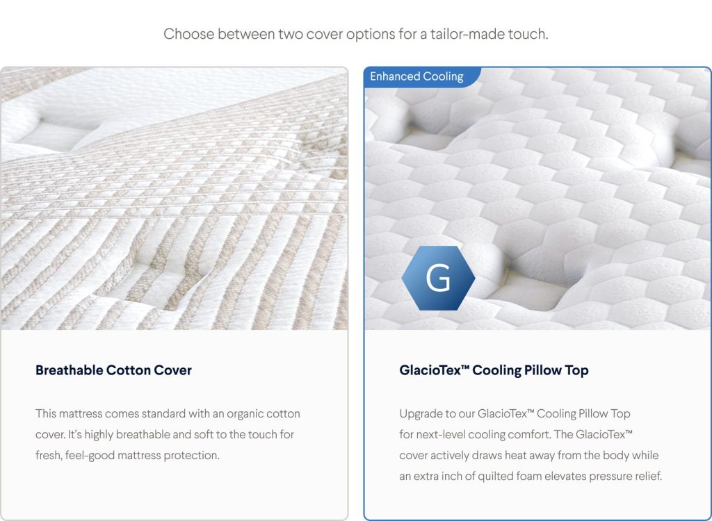 Organic cotton cover and GlacioTex pillow top options for the Nolah Evolution
