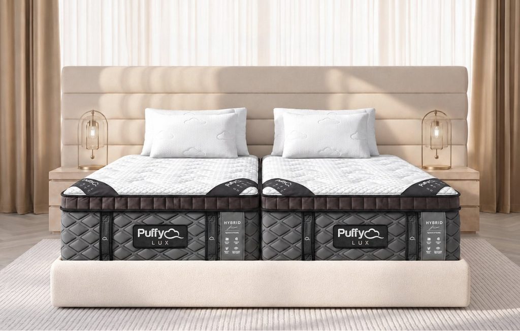 Two Puffy Lux Hybrid Mattresses as a split king