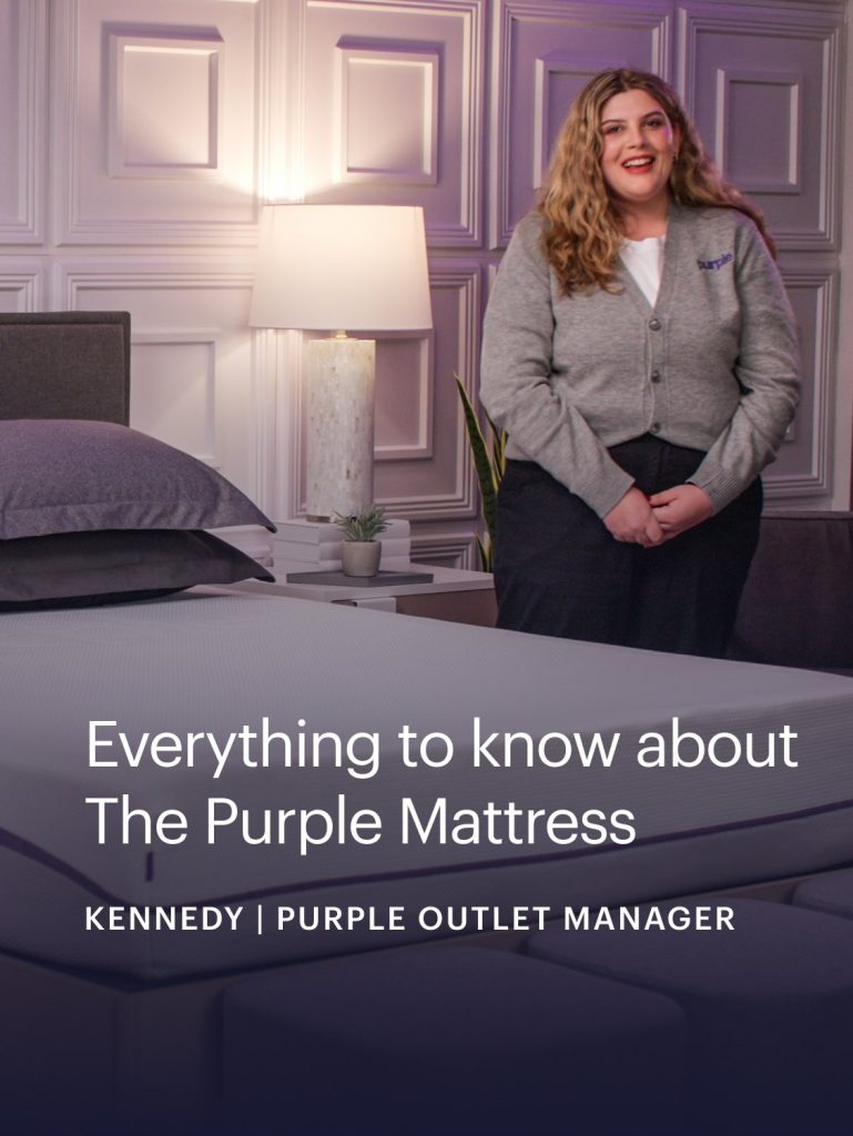 Purple staff member presenting The Purple Mattress in a video still