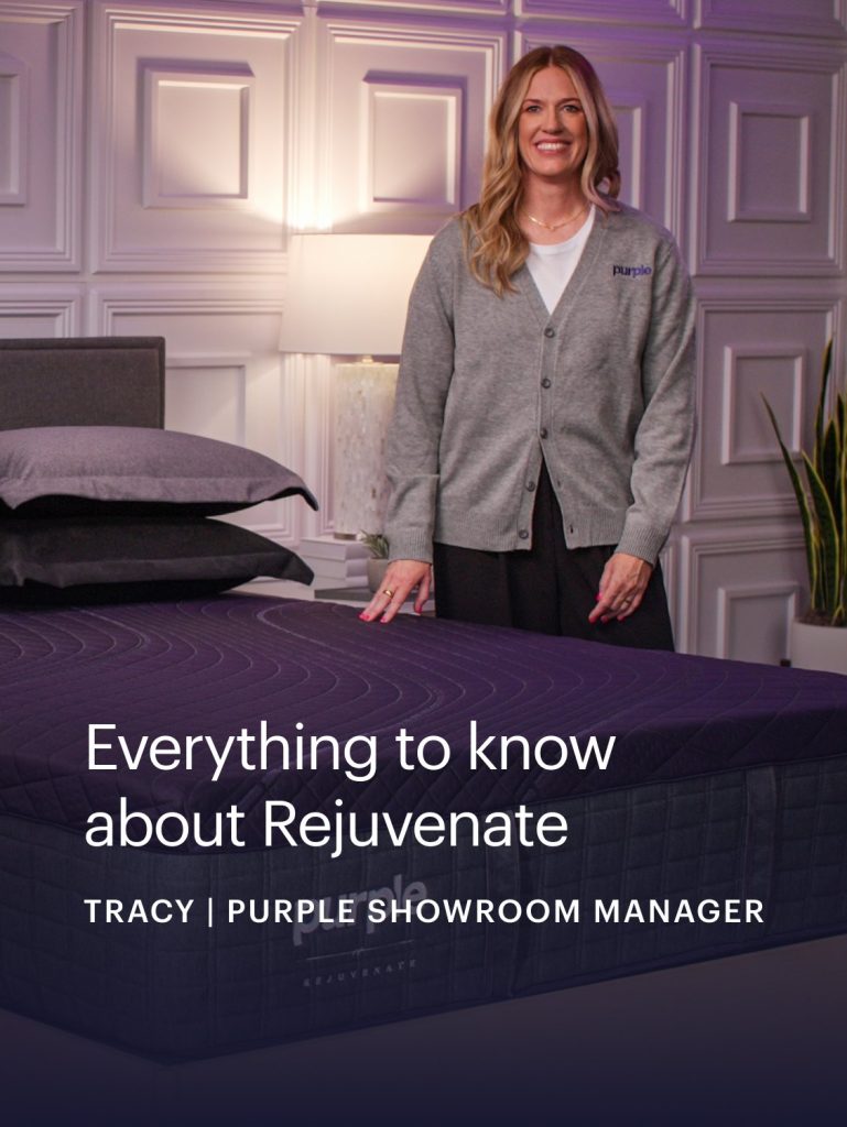 Purple showroom manager presenting the Rejuvenate in a video still