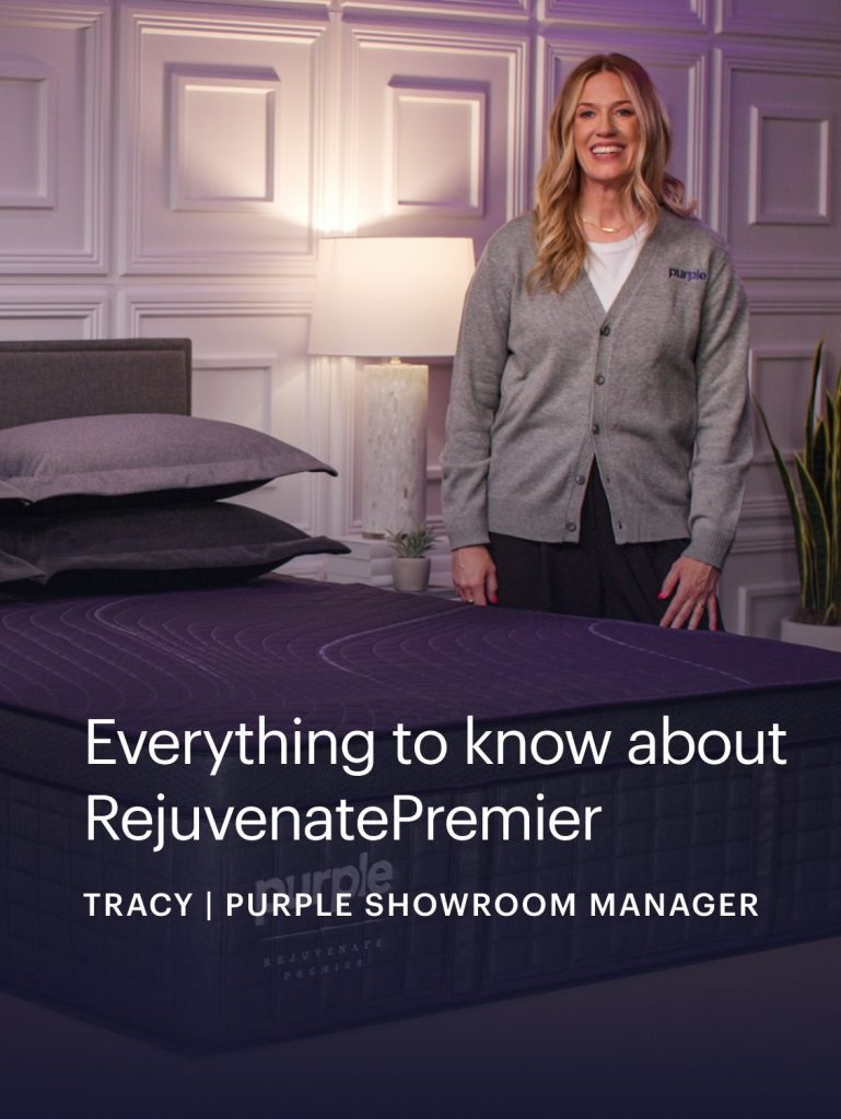 Purple showroom manager presenting the RejuvenatePremier in a video still