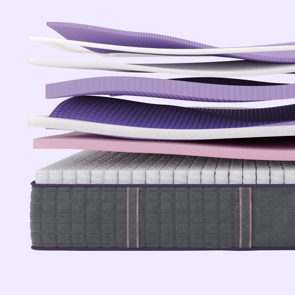 Exploded view of the Purple RejuvenateUltimate with DreamLayer, two grid layers, foam and coils