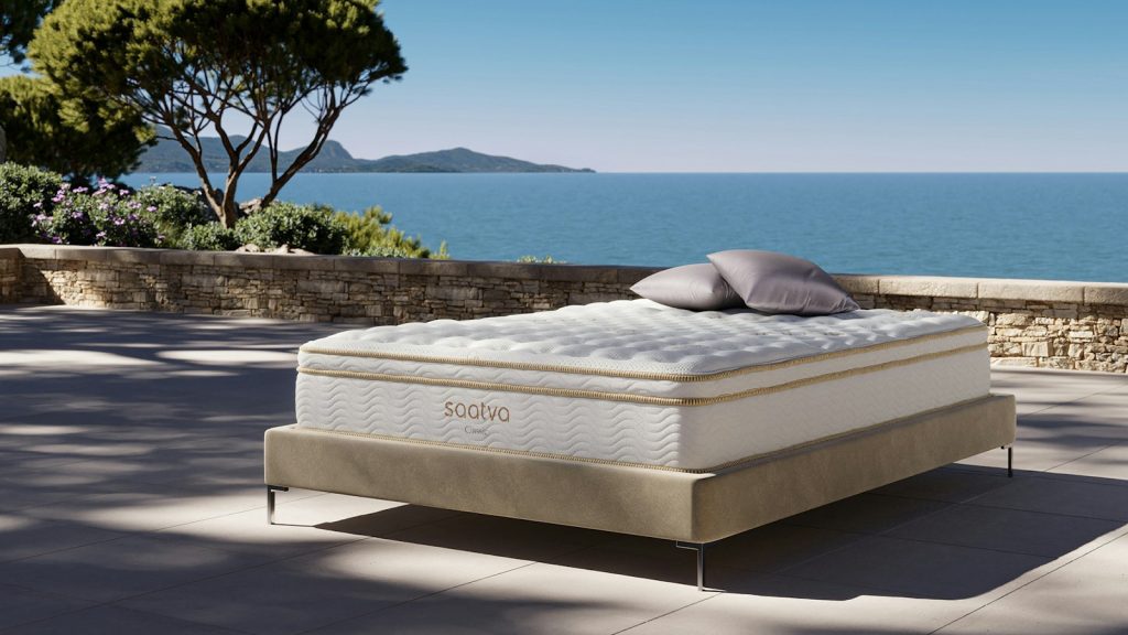 Saatva Classic mattress on a bed set up outdoors