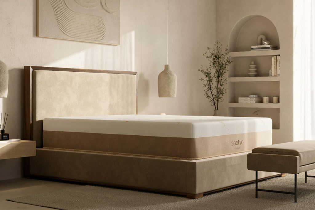 Saatva Contour5 mattress in a warm-toned bedroom