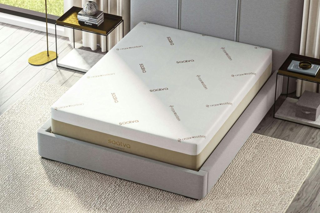 Saatva Contour5 seen from above on a gray platform bed