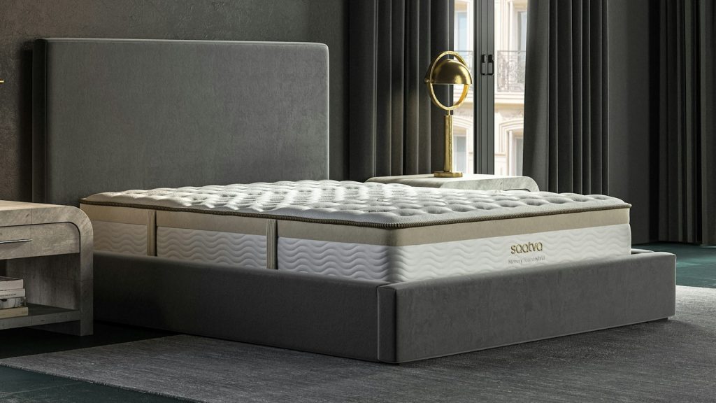 Saatva Memory Foam Hybrid mattress in a styled bedroom