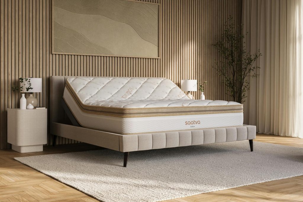 Saatva Solaire on an adjustable base with the head raised