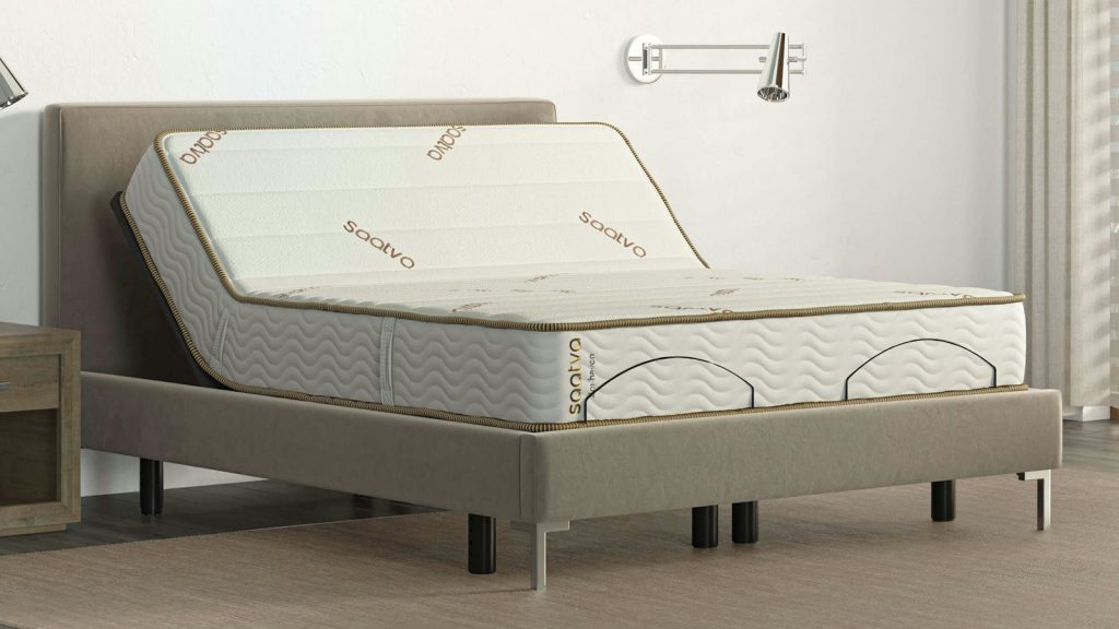 Saatva Zenhaven mattress on an adjustable base with the head raised