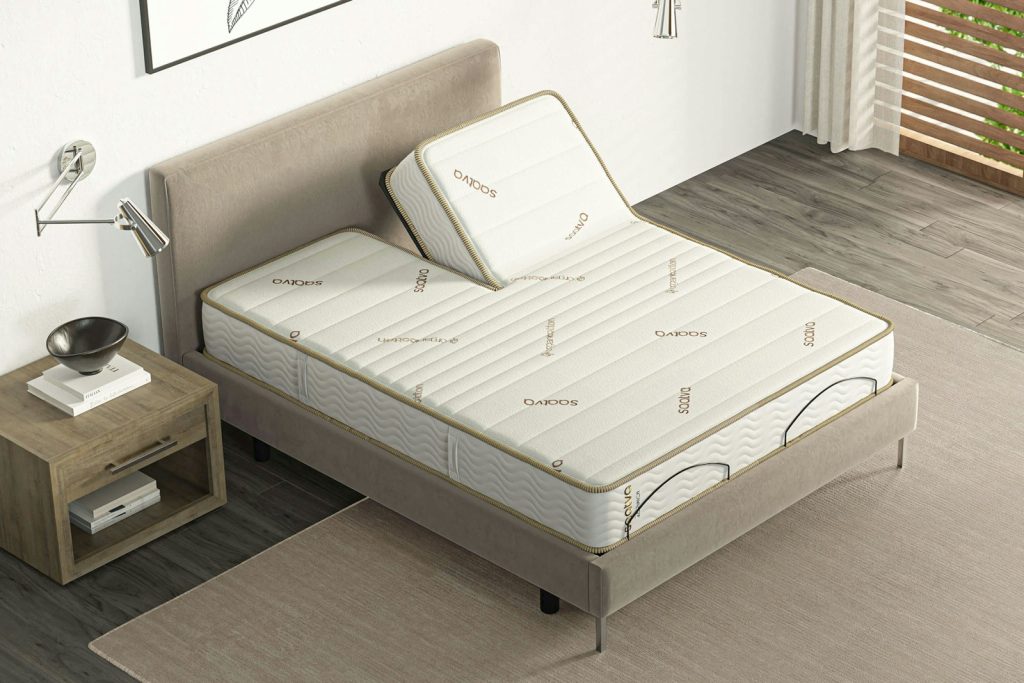 Saatva Zenhaven mattress on an adjustable base in a bedroom