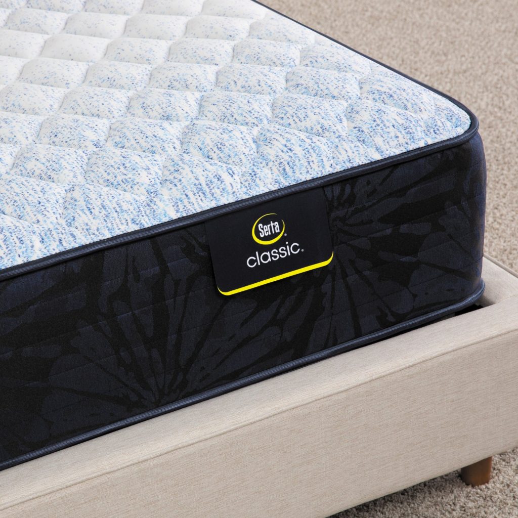 Corner of the Serta Classic mattress with its label