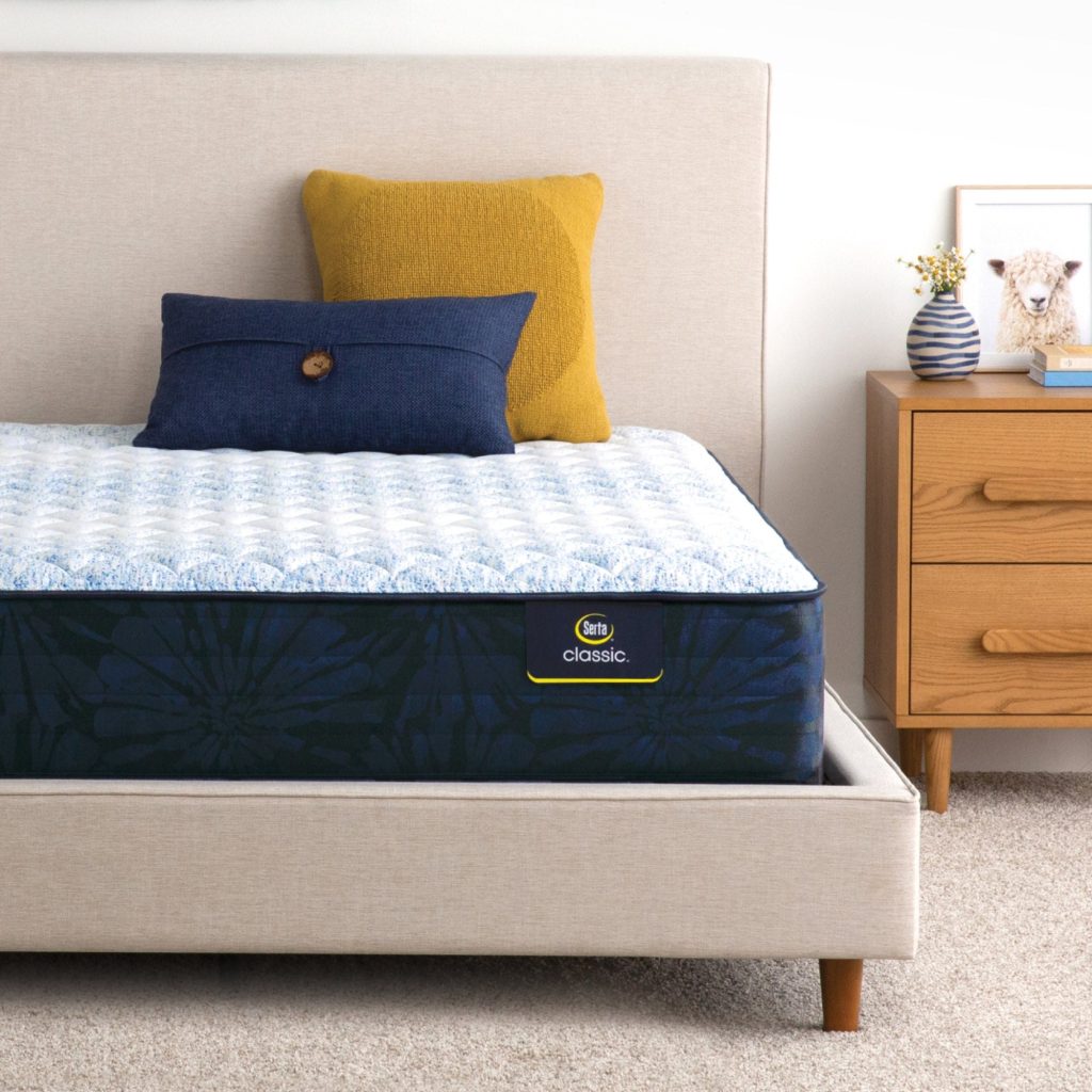 Serta Classic Alden Medium mattress on a beige bed frame
