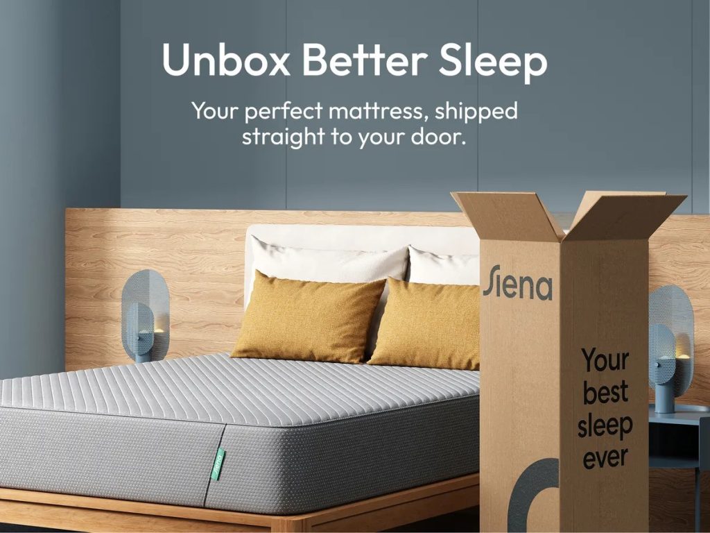 Siena Signature 10" Memory Foam mattress next to its shipping box