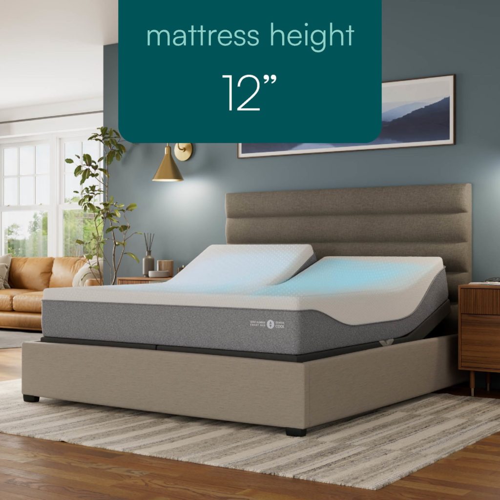 Sleep Number ClimateCool on an adjustable base with the head raised, labeled with its 12-inch height