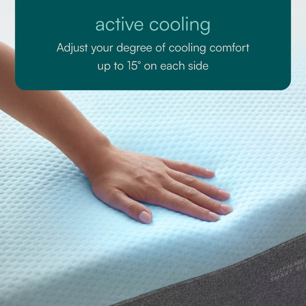 Hand on the cool knit cover of the Sleep Number ClimateCool, with the per-side cooling noted