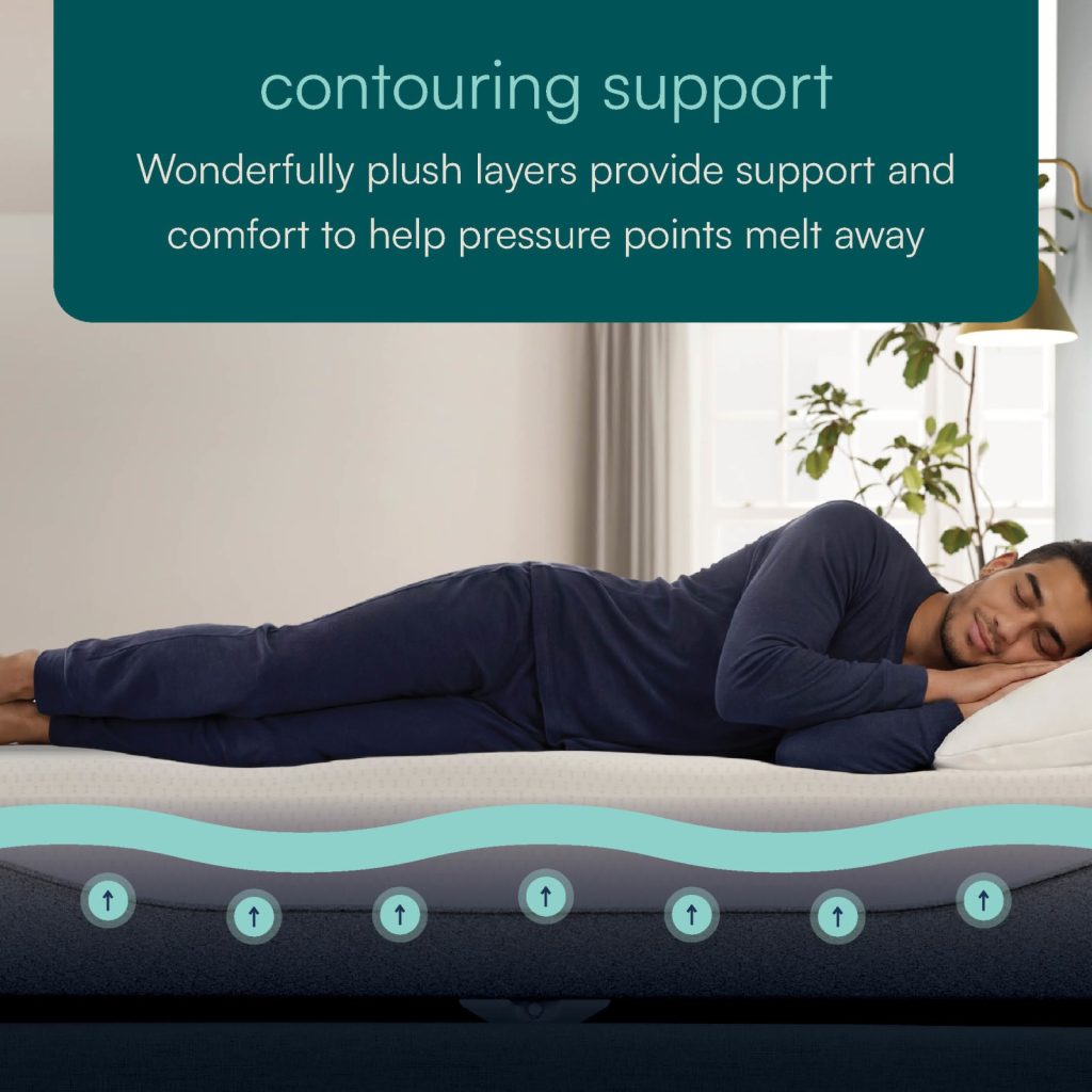 Man lying on his side on the Sleep Number ClimateCool with the contouring support shown below