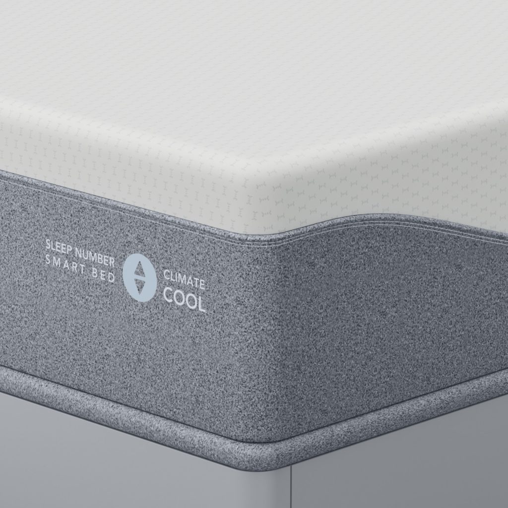 Corner of the Sleep Number ClimateCool showing the gray side panel and ClimateCool label