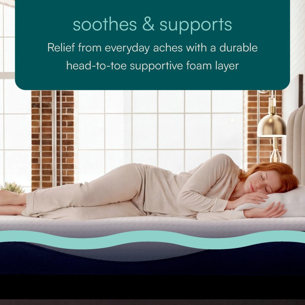 Woman sleeping on her side on the Sleep Number ComfortMode, with the support layer shown below