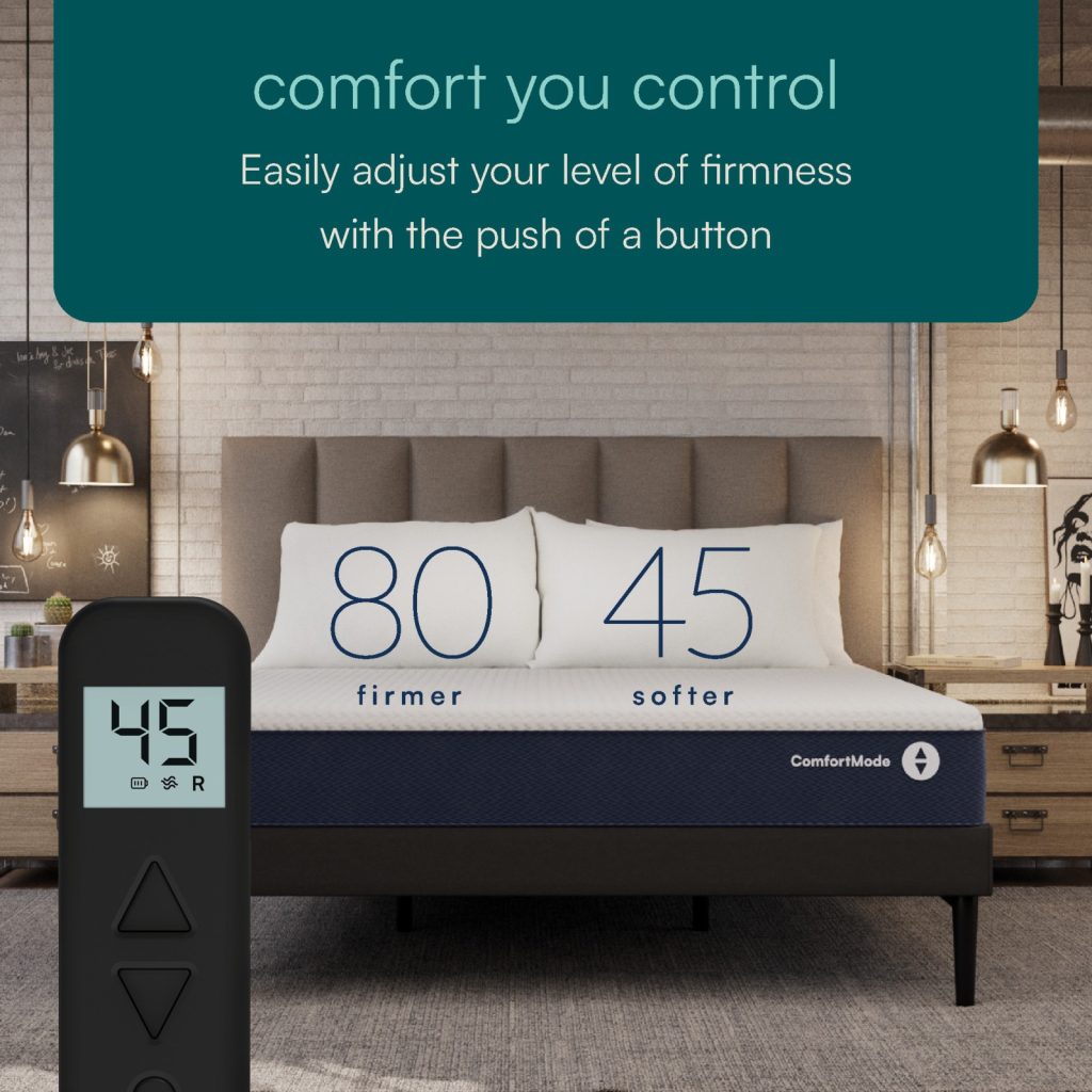 Sleep Number ComfortMode with its remote and two different firmness numbers on each side