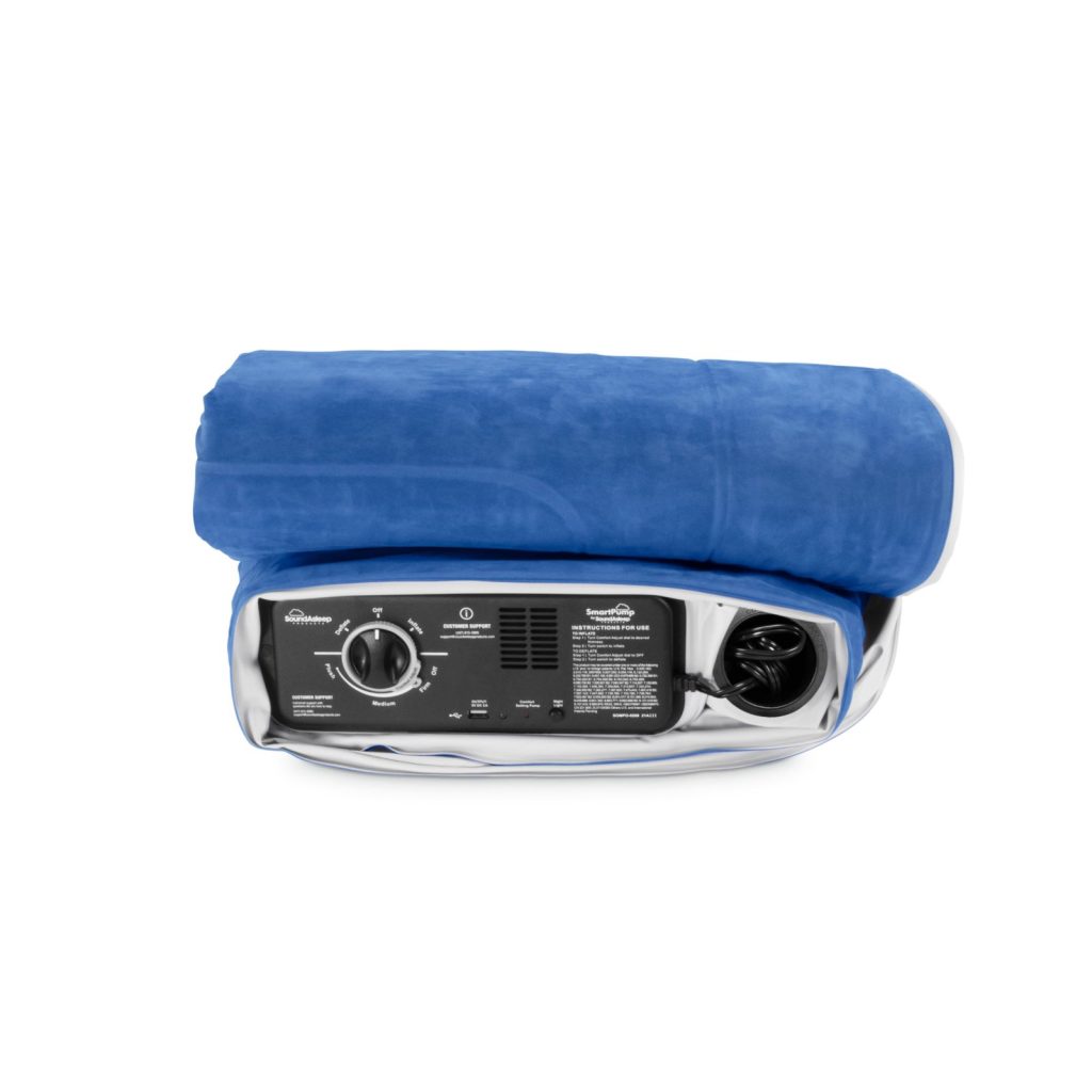 SoundAsleep CloudNine air mattress partly rolled with the pump panel visible