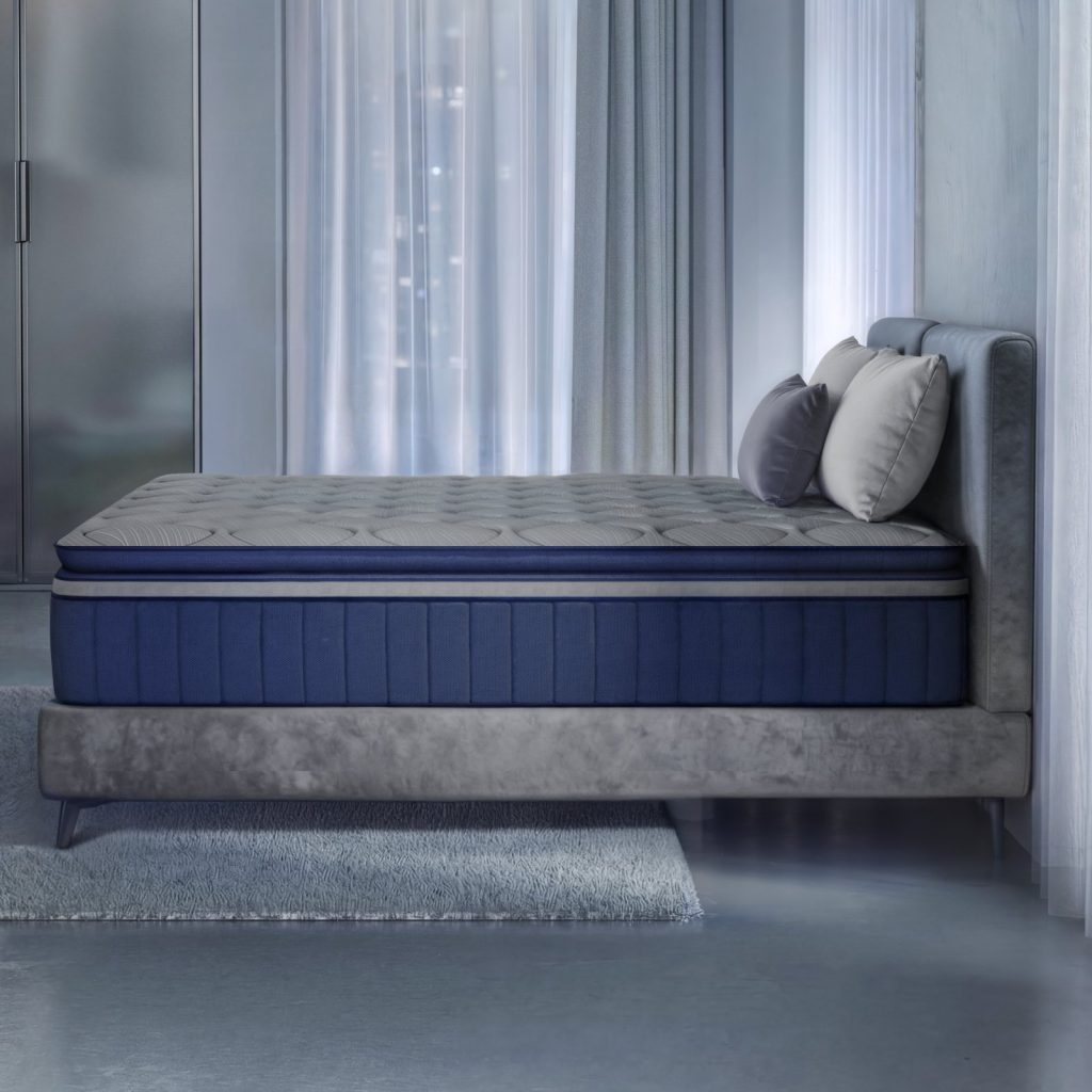 Side view of the Sweetnight CoolNest Hybrid mattress on a gray bed frame