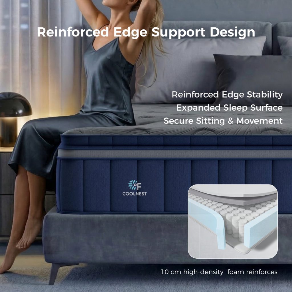 Woman sitting on the edge of the Sweetnight CoolNest Hybrid mattress