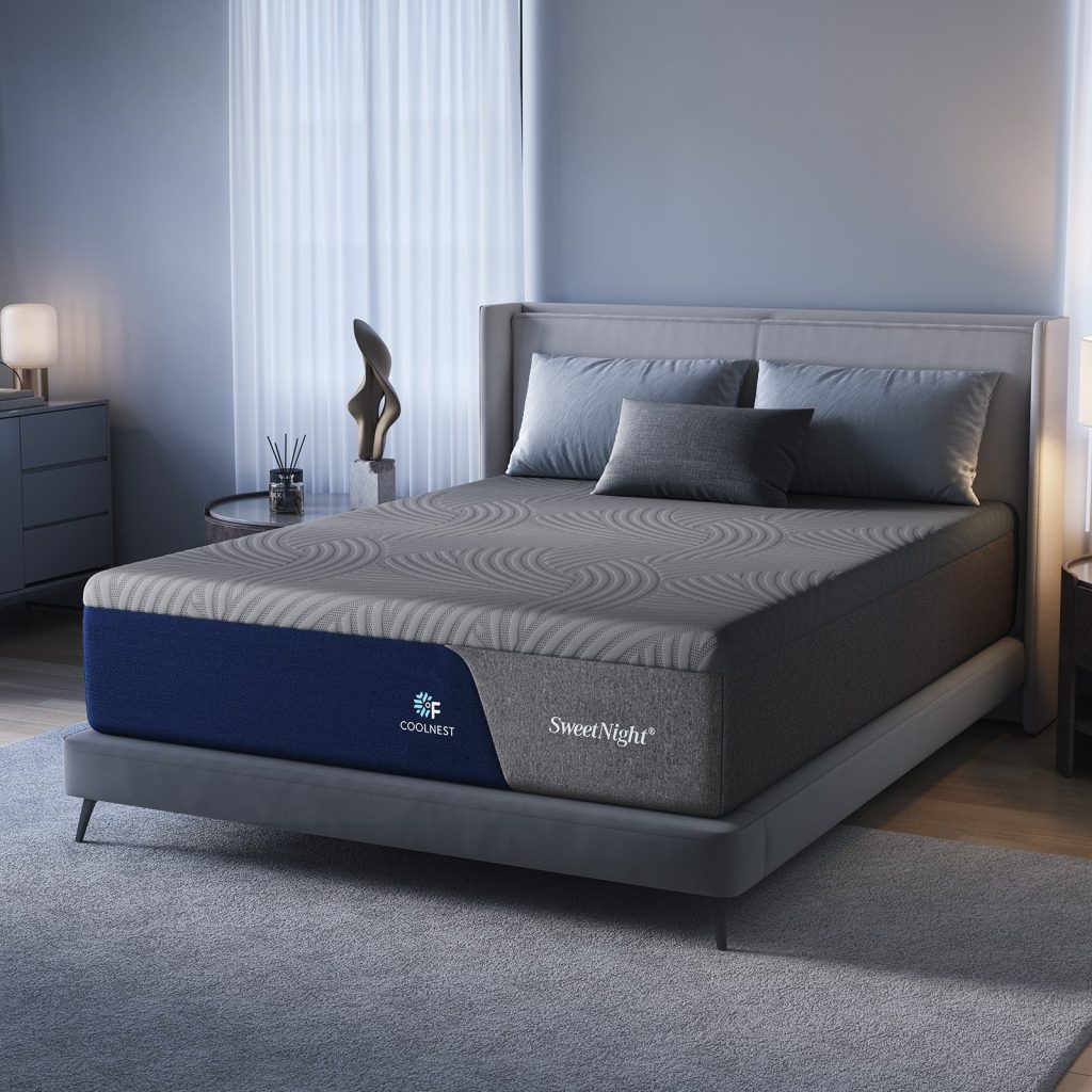 Angled view of the Sweetnight CoolNest mattress on a gray platform bed