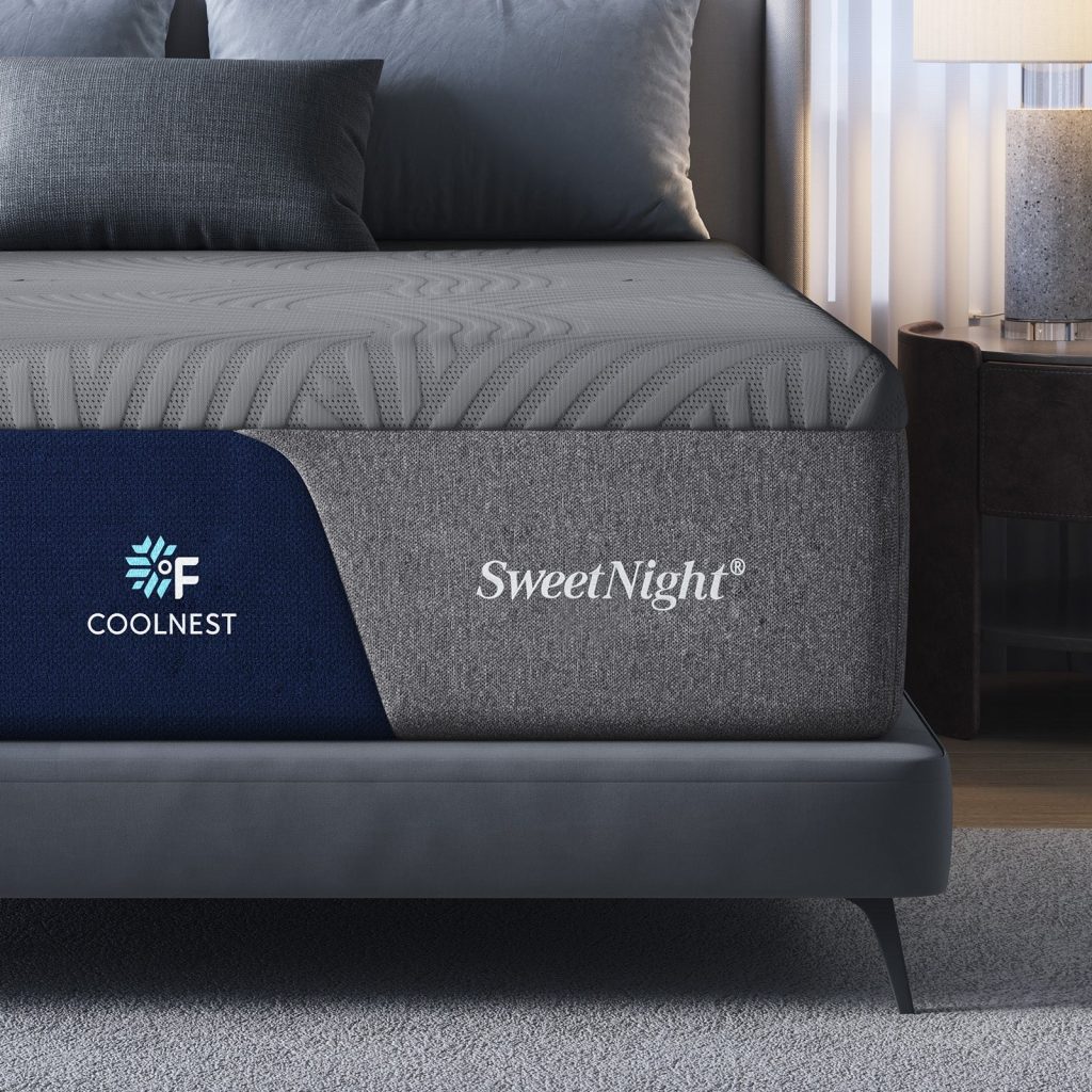 Corner of the Sweetnight CoolNest mattress with its navy CoolNest side panel