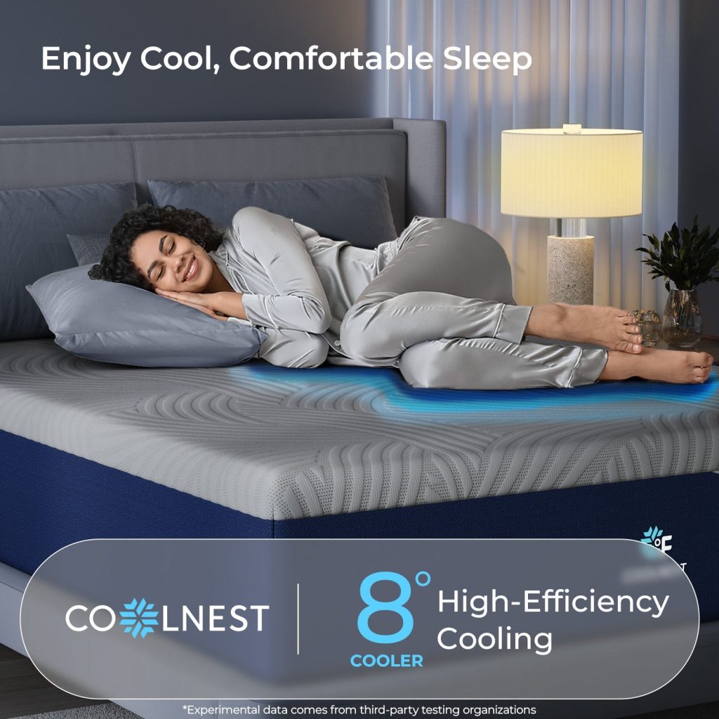 Woman sleeping on the Sweetnight CoolNest mattress with an 8 degrees cooler claim