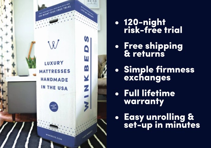WinkBeds delivery box next to a list of its perks